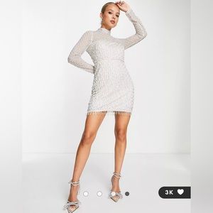 ASOS EDITION grid embellished cap sleeve mini dress with pearls in ivory